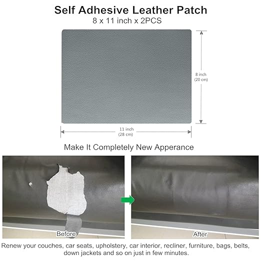 ILOFRI Leather Repair Patch 8x11 inch 2 Pcs, Durable Self Adhesive Vinyl and Leather Repair Kit for Couch, Car Seats, Boat Seat, Furniture, Upholstery, Auto Interior, Sofa, Chair - Light Gray