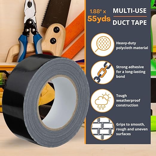 GTSE Black Duct Tape, 2 Inches x 55 Yards (164 ft), Heavy Duty, Waterproof Repair Tape for Indoor or Outdoor Use, 2 Rolls