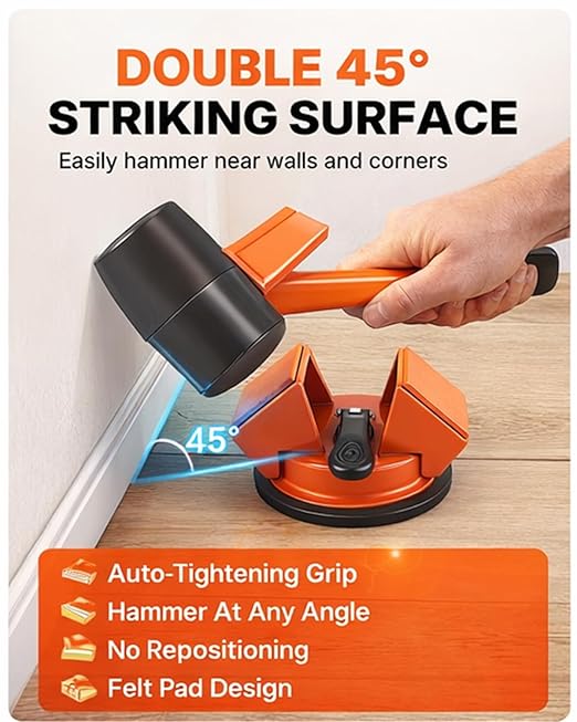 Floor Gap Fixer Tool 45° Striking Surface Pro, Laminate Flooring Repair Suction Cup Vinyl Plank Heavy Duty Iron Grabber Reusable Kit with Sticky Pads Cutter for Wood Tile Lvp Floating(#A-1pc)