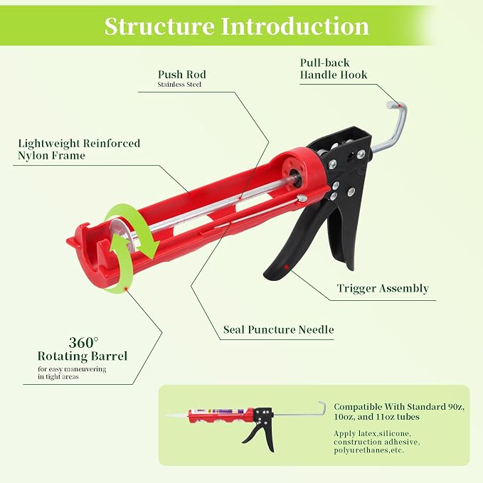 Drip-free Caulking Gun Ratchet Rod Silicone Gun Sealant Dispenser Joint Grouting Gun 15:1 Thrust Ratio Labor-Saving Lightweight Nylon Frame Cartridge Gun for 10oz/300ml Standard Caulk Tubes