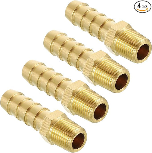 Pack of 4 Brass Hose Barb Fittings Adapter Connector 3/8" Hose Barb to 1/8" NPT Male Fittings for Home Machines, Massage Bathtubs, and Irrigation Systems