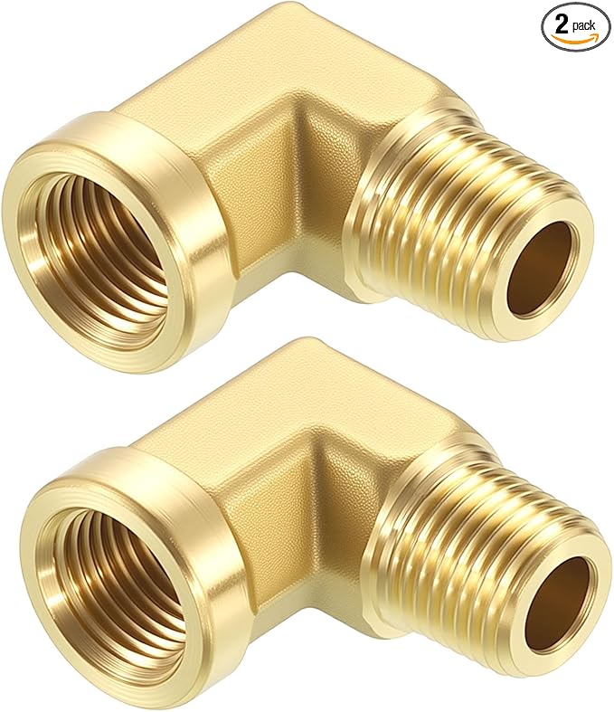 Pack of 2, 90 Degree 1/8" NPT FeMale to 1/8" NPT Male Solid Brass Barstock Street Elbow, Forged Pipe Fitting for Pipe Leak Repair, Bathroom Remodeling, Tool Extensions, Compression