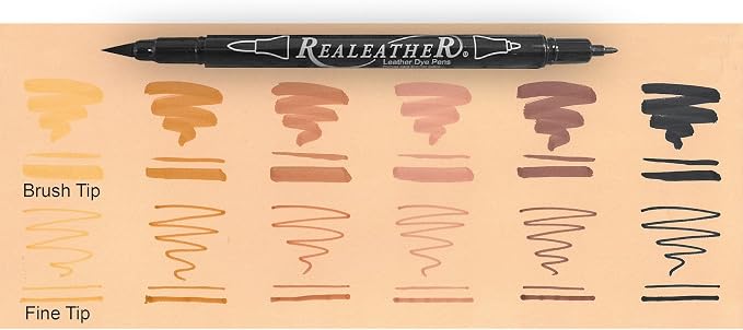 Realeather F2400-01 Leather Dye Pens, Double Sided with Fine and Brush Tips, Earth Tone Colors, 6-Pack