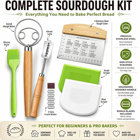 BOORIKA Sourdough Bread Baking Tool Set with Danish Dough Whisk, Bread Lame & Blades, Bench Scraper, Dough Scrapers and Silicone Brush – Sourdough Starter Kit