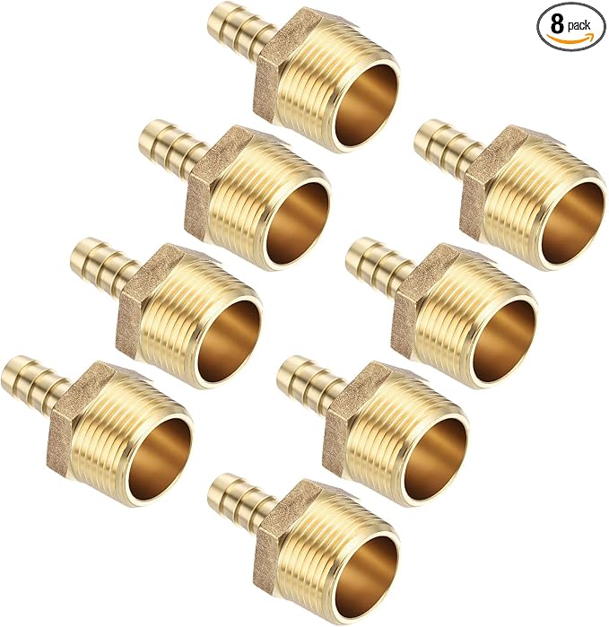 Pack of 8 Brass Hose Barb Fittings Adapter Connector 3/8" Hose Barb to 3/4" NPT Male Fittings for Home Machines, Massage Bathtubs, and Irrigation Systems