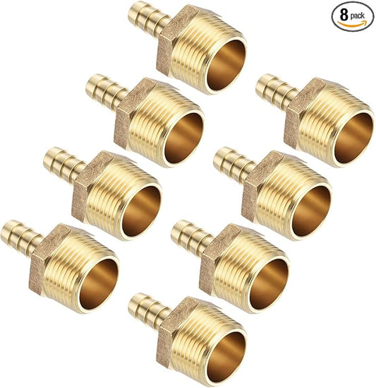 Pack of 8 Brass Hose Barb Fittings Adapter Connector 3/8" Hose Barb to 3/4" NPT Male Fittings for Home Machines, Massage Bathtubs, and Irrigation Systems