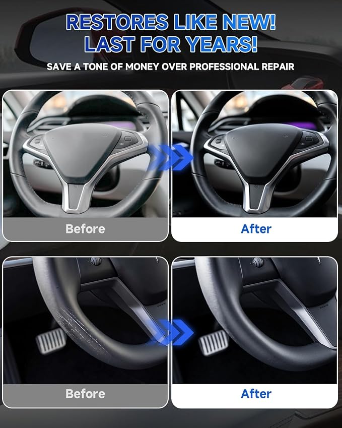 for Tesla Steering Wheel Repair Kit - 8PCS Leather & Vinyl Scratch Restorer for Model 3/Y/S/X, Leather Restoration Kit DIY Fix for Tears, Scuffs, Worn Spots & Color Fading (Black)