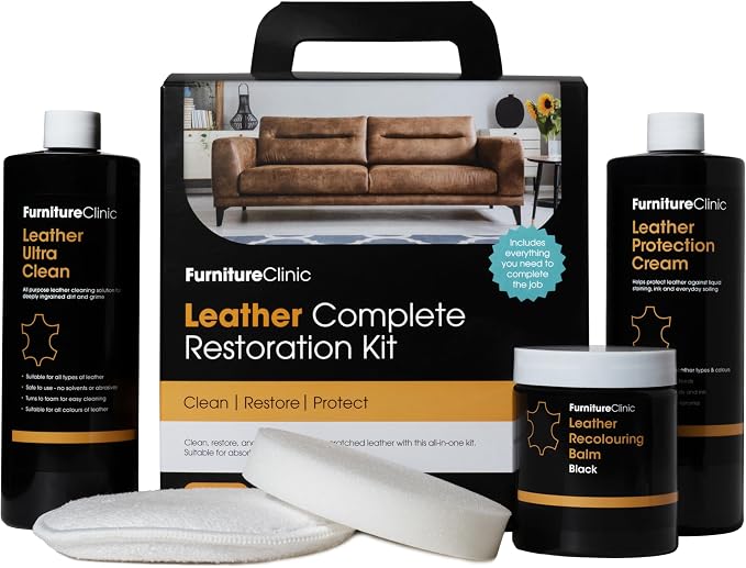 Furniture Clinic Leather Complete Restoration Kit | with Leather Recoloring Balm, Cleaner, 2-in-1 Protection Cream & Conditioner, Sponge, and Cloth | Repair Kit for Furniture (Dark Brown)