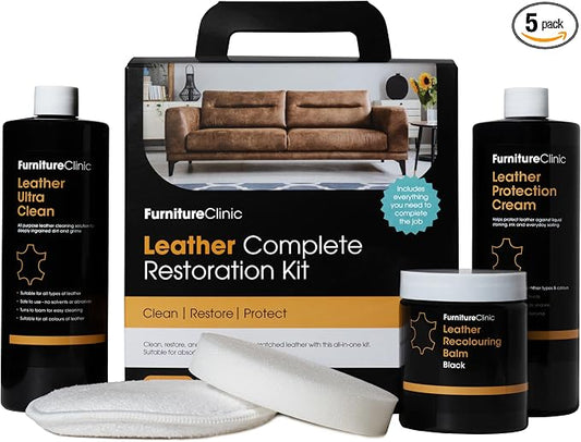 Furniture Clinic Leather Complete Restoration Kit | with Leather Recoloring Balm, Cleaner, 2-in-1 Protection Cream & Conditioner, Sponge, and Cloth | Repair Kit for Furniture (Red)