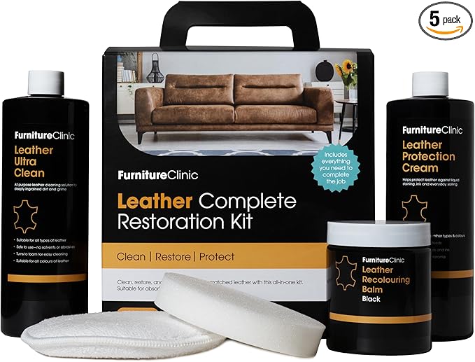 Furniture Clinic Leather Complete Restoration Kit | with Leather Recoloring Balm, Cleaner, 2-in-1 Protection Cream & Conditioner, Sponge, and Cloth | Repair Kit for Furniture (Bordeaux)