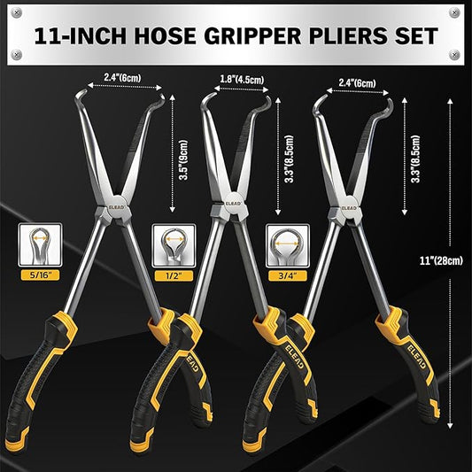 3-Piece 11" Hose Gripper Plier Set, Long Reach Hose Gripping Pliers, 5/16-Inch, 1/2-Inch, 3/4-Inch Diameter, Spark Plug Boot Removal Pliers, Serrated Jaws for Hard to Reach Tight Spaces