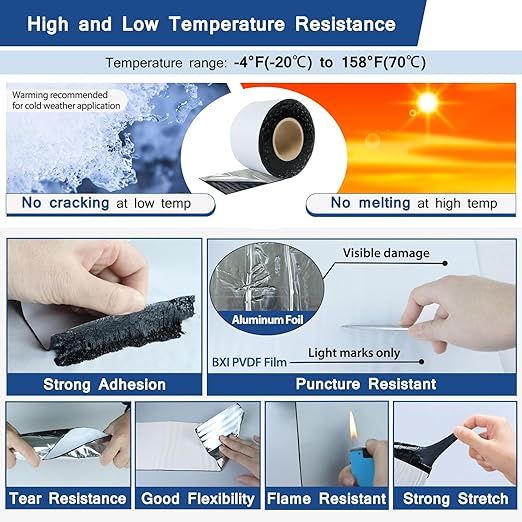 BXI Fluorocarbon Film Asphalt Waterproof Tape, 4 Inches X 32 Feet, Weatherproof Sealing Membrane, Self-Adhesive SBS Modified Bitumen Flashing Sealant Patch, Seam Leak for Roof Window Driveway Repair