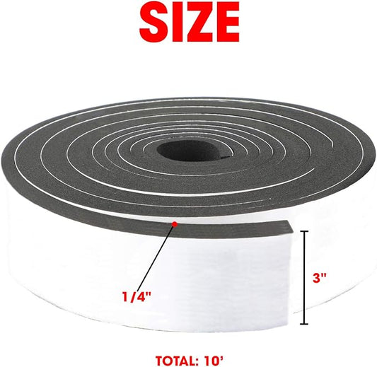 Neoprene Foam Strip Roll by Dualplex, 3" Wide x 10' Long 1/4" Thick, Weather Seal High Density Stripping with Adhesive Backing – Weather Strip Roll Insulation Foam Strips