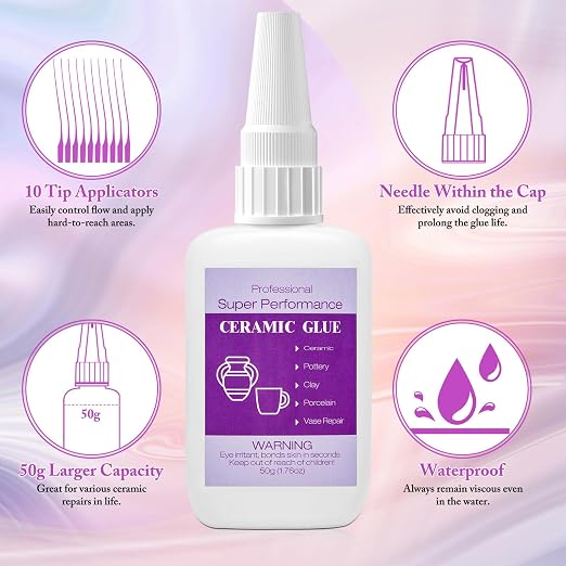 50g Ceramic Glue with Nozzle, Instant Strong Adhesive Glue Fast Drying Super Glue Gel for Porcelain Pottery Repair Bonding Ceramic Clay Vase Tiles DIY Crafts