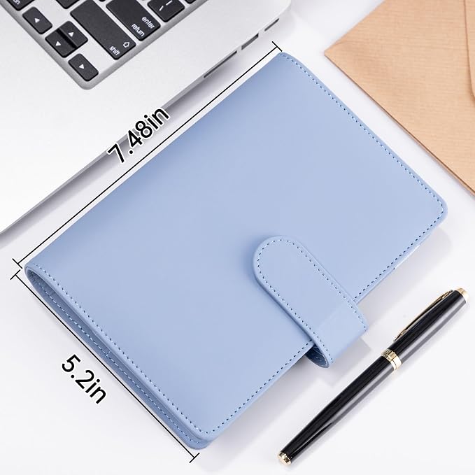 Antner A6 Notebook Binder Refillable 6 Ring Budget Binder Cover for A6 Refill Paper, PU Leather Budget Planner Organizer with Magnetic Buckle, Loose Leaf Personal Planner, Airy Blue