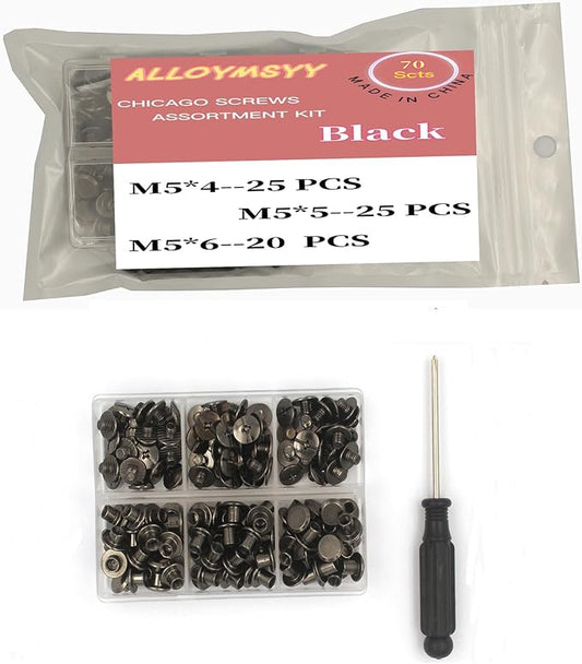 70 Set Gun Color Chicago Leather Rivets Set Screw Rivets M5 Chicago Binding Screws Trim and Repair Leather Craft Belt, Bag, Shoe, Purse Binding (3 Sizes M5*4,5,6)