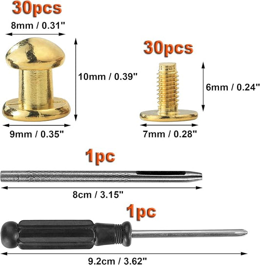YORANYO 30 Sets 8MM Round Head Button Stud for Leather Chicago Screws Spikes and Stud Leather Rivets Screws Button Rivets for Repair and Decorate Clothing Shoes Belts Bags Dog Collars (Gold)