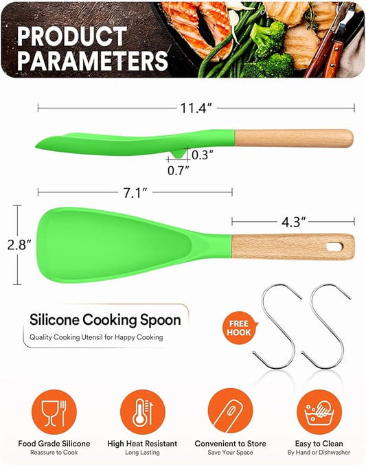 Cooking Spoon for Nonstick Cookwares, Great for Cooking and Serving Sturdy BPA-Free Matte Silicone, Wood Handle Spoon for Mixing, Scoop, and Scrape (AGR, 11.4 inch)
