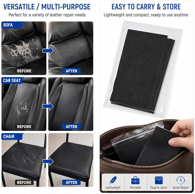 2PCS 8×4 Inch PU Leather Patch for Car Seat Repair, Self-Adhesive Leather Repair Patch Tape for Vinyl Leather Upholstery, Car Seat Furniture Repair Kit (Black)