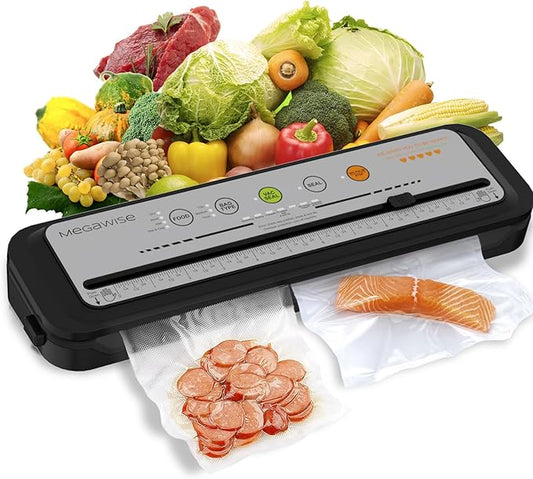 Updated Vacuum Sealer Machine 2025, MEGAWISE Food Sealer w/Starter Kit, Dry & Moist Food Modes, Compact Design with 10 Vacuum Bags & Built-in Cutter (Grey)