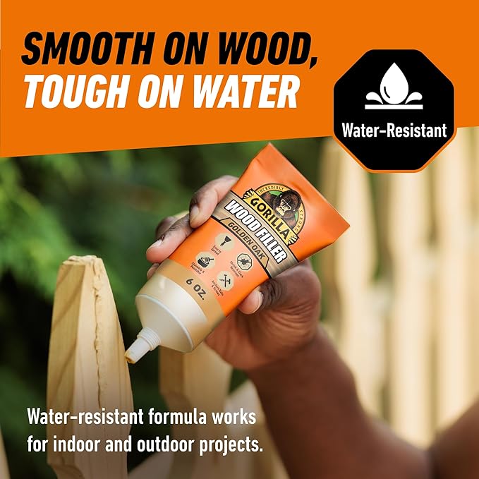 Gorilla All Purpose Wood Filler, Golden Oak Color, 6 Ounce Tube (Pack of 6) - Water Resistant for Indoor or Outdoor Projects and Repairs