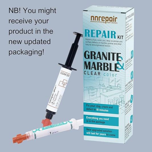 NNREPAIR Granite Repair Kit (Clear/Transparent) I Suitable for Most Repairs I Also for Tile, Countertop, Fiberglass, Porcelain & Ceramic Surfaces I Fix Broken Chips & Cracks in Minutes
