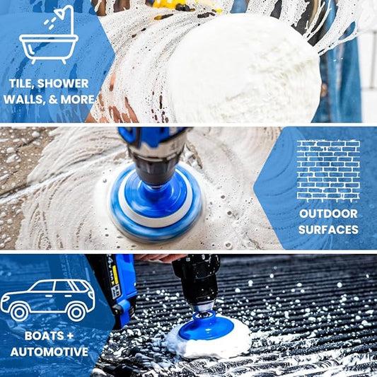 RotoScrub 7 Pack Multi-Purpose Drill Brush Kit for Cleaning Bathrooms, Showers, Tubs, Tile, Floors, Sinks, Toilets, Grout and Grime Removal, Reversible Blue and White Scrub Pads