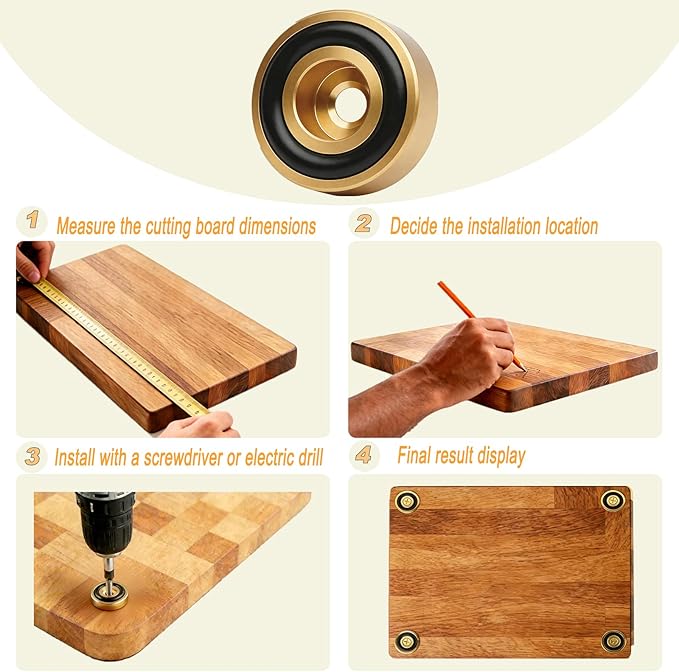 Solid Brass Cutting Board Feet, 4 Pcs with Non-Slip Pads & Screws – for Secure Grip and Surface Protection on Butcher Block, Kitchen Island, Table, Cabinet (0.8X0.31 in)