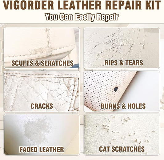Vigorder Cream Leather Repair Kit for Furniture, Vinyl Repair Kit for Car Interior, Sofa, Purse and Jacket, Restore Any Material with Super Easy Instructions to Fix Scratches, Tears, Holes, Peeling