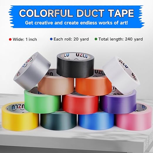 12PCS Rainbow Colored Duct Tape Bulk, 20 Yards x 1 Inch Duct Tape Heavy Duty Waterproof, No Residue, Bright Duct Tape Colors and Patterns for Packaging, Arts Crafts, Color-Coding, and DIY Projects
