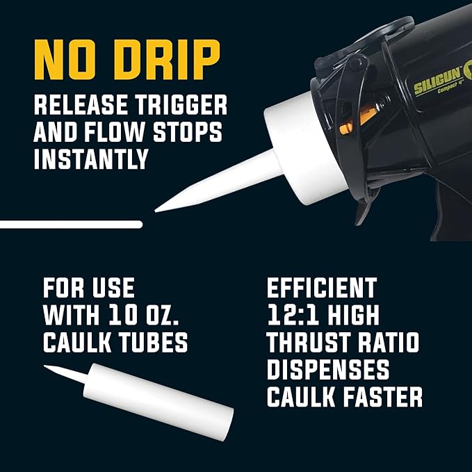 SILIGUN™ Compact Caulking Gun with Caulking Tools - No Drip Caulk Gun - Patented Design - Lightweight ABS Frame - Works with All 10 oz Tubes