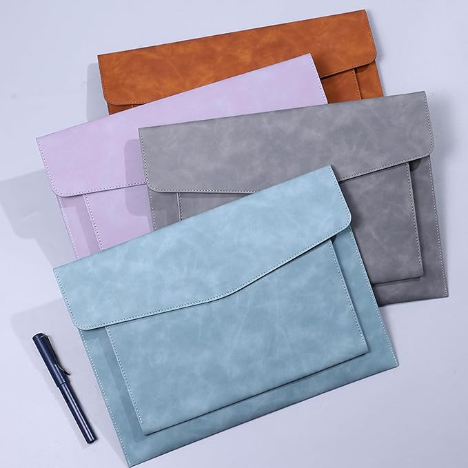 PU Leather A4 File Folder Document Holder with 2 Compartments Envelope Folder Case with Snap Closure for Receipt Contract (Gray)