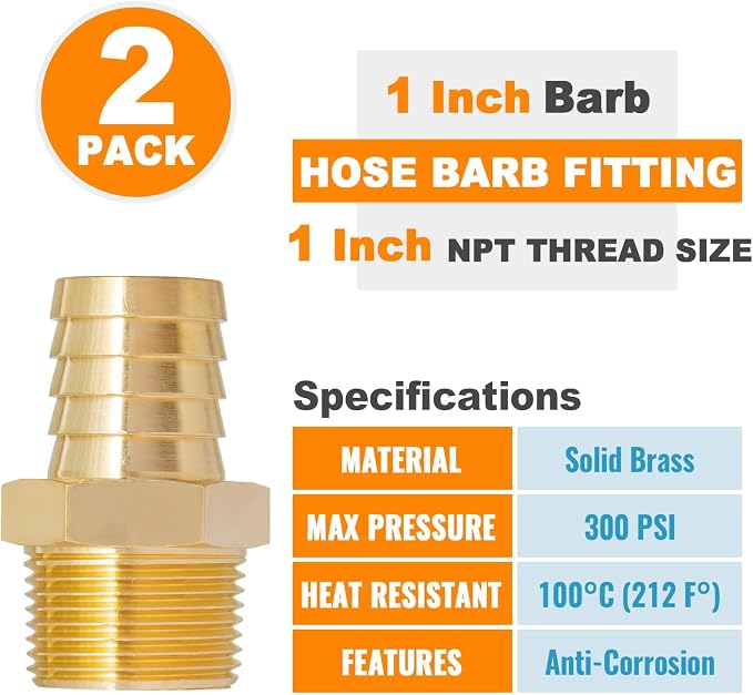 SUNGATOR 1-Inch NPT Brass Hose Barb Fittings, 1'' NPT Male Thread to 1'' Barbed Air Hose Fittings, 1-Inch Brass Air Line Repair Connectors for Compressor, Fuel, Oil (2-Pack)