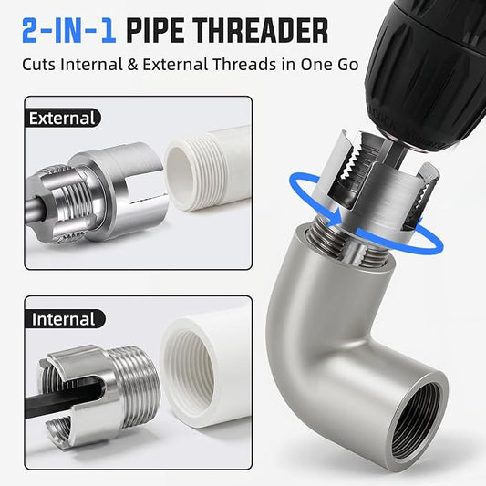 Valkynos 2PCS Internal & External Pipe Threading Tool, 1/2'' 3/4'' PVC Pipe Threader Kit with Storage Case, Heavy-Duty Alloy Steel, Electric Drill Compatible for Plumbing and Home Repair