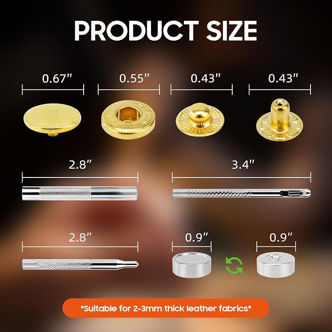 Leather Snaps and Fasteners Kit，12.5mm 40 Sets Metal Snap Buttons with Setter Tools， Sewing Snaps for Clothing，Fabric，Leather, Clothes, Jackets, Bags, DIY Crafting （Gold）