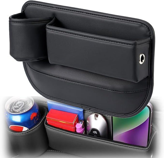Car Seat Gap Filler, Leather Car Seat Gap Organizer, Automotive Side Seat Storage Box with Cup Holders, Gap Filler for Car, Car Accessories Seat Gap Filler (Driver Seat, Black)