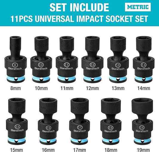 DURATECH 3/8" Drive Impact Swivel Socket Set, 11-Piece Shallow Wobble Socket Set, Metric, Cr-Mo Steel, 6 Points, Organized in Sturdy Storage Case(8-19mm)