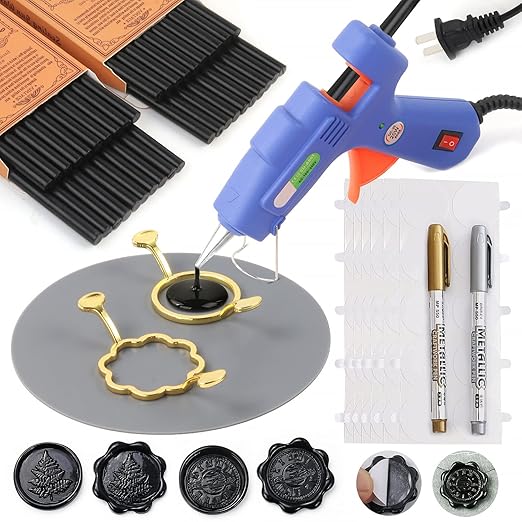 Wax Seal Kit, WASOHLING 40Pcs Black Sealing Wax Sticks with Glue Gun, Wax Seal Molds, Silicone Mat, Marker Pens, Premium Set for Letter Sealing Wedding Invitations Envelopes Cards (Black)
