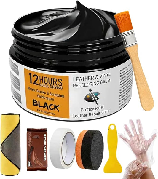 Leather Recoloring Balm 3.53Oz, 12H Quick-Dry Leather Vinyl Repair Cream Kit for Furniture, Couches & Car Seats- Restore Scratched, Faded, & Damaged Surfaces, Waterproof Restorer, Black