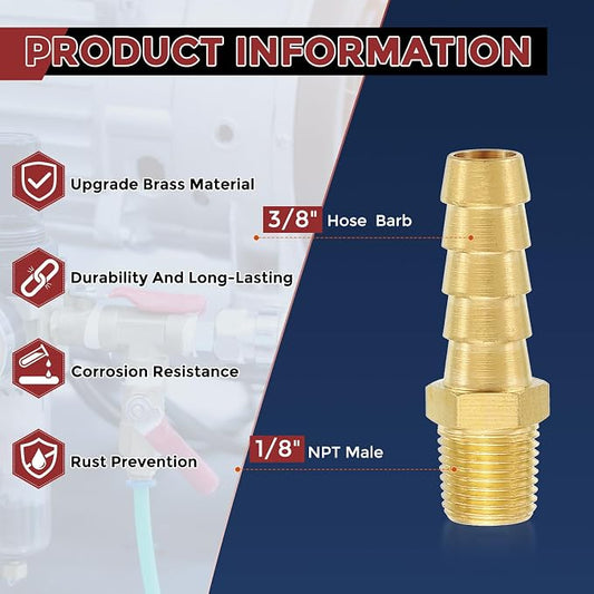 Pack of 4 Brass Hose Barb Fittings Adapter Connector 3/8" Hose Barb to 1/8" NPT Male Fittings for Home Machines, Massage Bathtubs, and Irrigation Systems