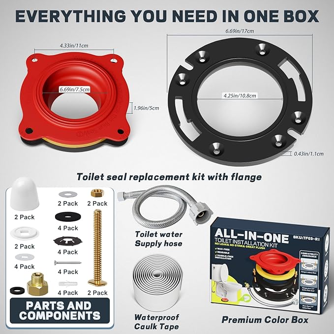 boeemi Toilet Flange Repair Kit with Elastic Wax Ring & 16" Water Supply Line, TF03-RI All-in-One Toilet Installation Kit (with Sealing Caulk Tape)