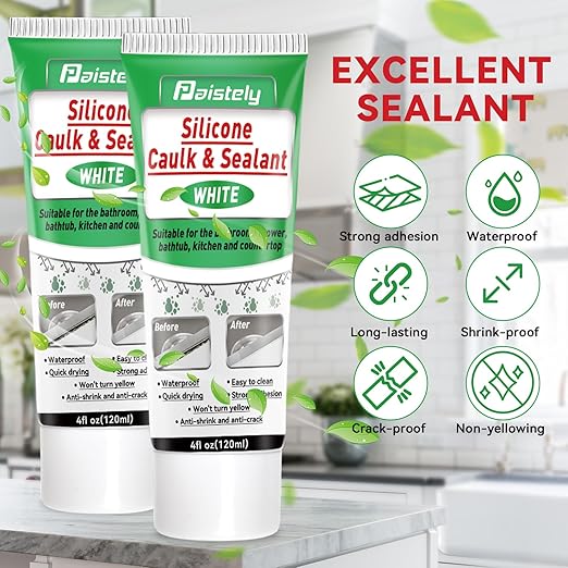 White Silicone Caulk Bathroom, White Caulking Silicone Waterproof, Bathroom Caulk for Kitchen & Bathroom, Shower, Countertops, Long-lasting, Shrink & Crack Proof