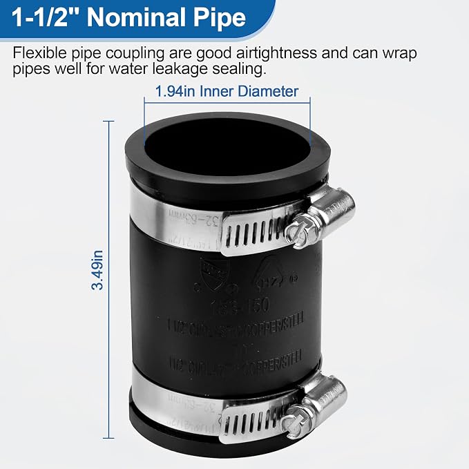 Flexible PVC Pipe Coupling Connector Replacement, for 1-1/2" Nominal Pipes, 1.9" ID Flexible PVC Condensate Pipe Coupling with Stainless Steel Hose Clamps, Schedule 40 Pipes Connector
