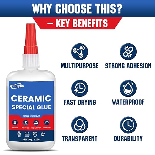 WOUSEDO Ceramic Glue 2 x 30g, Waterproof & Heat-Resistant Instant Adhesive | High-Strength & Clear, Fast Curing Super Glue for Porcelain, Clay Pots, Figurine, Pottery, Dishes Repair, DIY Crafts.