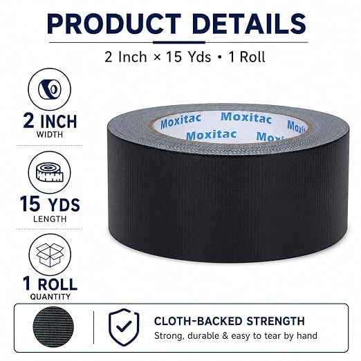 Black Duct Tape Heavy Duty, 1 Roll, 2 Inch x 30 Yards, PE Coated Cloth Tape, Easy Tear by Hand, Water-Resistant Surface for Repairs, Packaging, Bundling, Garage and Workshop