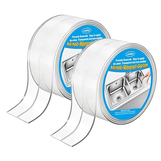 Caulk Tape Waterproof Self Adhesive, Caulking Tape, LAVILI Toilet Sealer Around Toilet Base Waterproof Sealant Strip for Kitchen Countertop, Bathroom, Toilet, (2 Roll 2.2cm x 10.5Ft Clear)