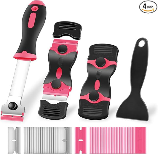 NECAMOCU 4 Pack Razor Blade Scraper, Premium Cleaning Scraper Tool with 50 PCS Metal & Plastic Razor Blades, Multi-Purpose Glass Scraper for Windows, Sticker, Decals, Cooktop, Paint Removal (Pink)