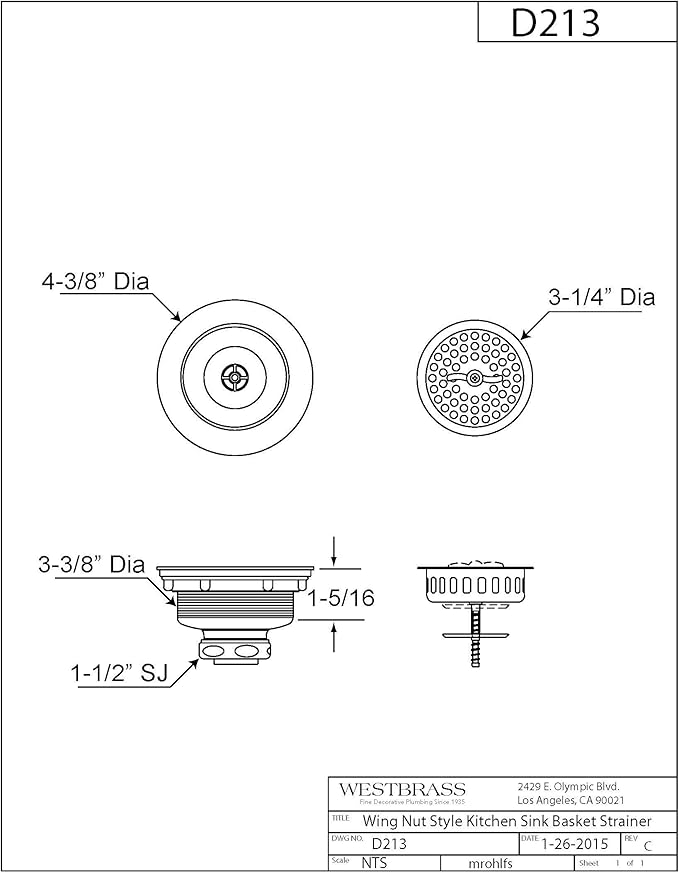 Westbrass A213-50 3-1/2" Wing Nut Twist Style Large Kitchen Sink Basket Strainer, Powder Coat White