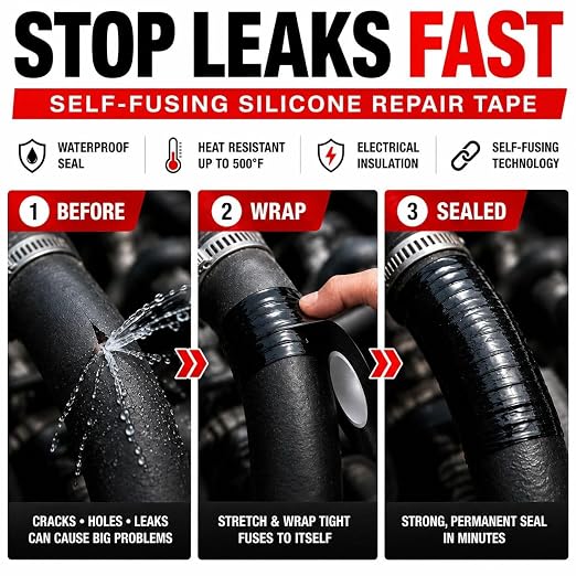 Self-Fusing Silicone Sealing Tape, Waterproof Repair Tape for Hose, Pipe, Electrical Cable, High Strength Leak Fix Wrap, Weatherproof Emergency Insulation Tape (1" x 33' x 20mil) Black