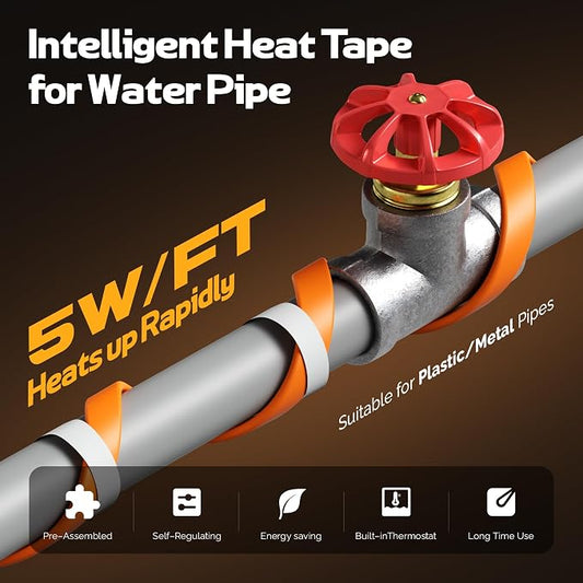Heat Tape for Water Pipes with Thermostat, Anti-Freeze, Electric Heat Tape, Keeps Water Flowing at -22℉/-30℃, 25FT, Orange, Listed 120V